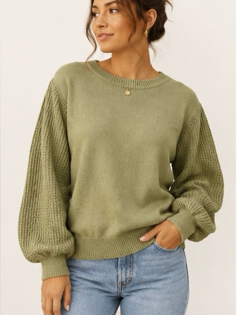 Lush Sage Green Puff Sleeve Sweater Crewneck Knit Top